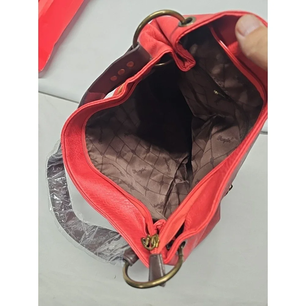 Wrangler‎ Vegan Leather Hobo Bag Women's Top Handle Shoulder Purse Red Brown NWT